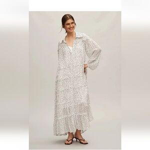 Anthropologie Black & White Smocked Tiered Polka Dot Sheer Maxi Dress Medium